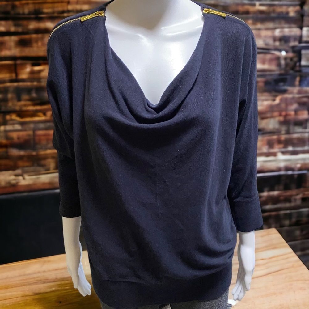Michael Kors Batwing Knit Top with Gold Zippers on Shoulders Navy Blue Small